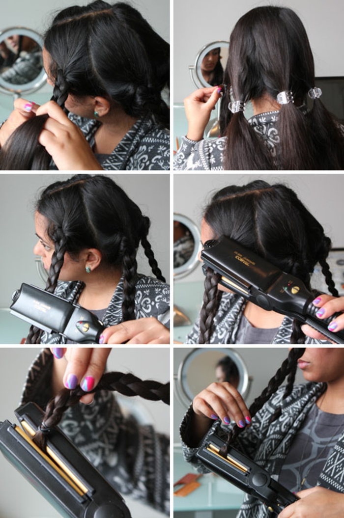 faire-des-boucles-avec-un-fer-à-lisser-tresses-cheveux-noirs-miroir-manucure-multicolore