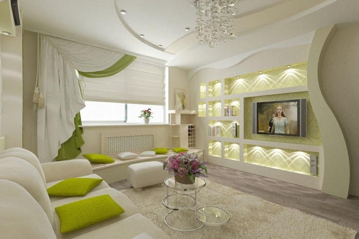 salon feng shui, coussins verts, rideaux blancs, éclairage, plafond suspendu, canapé blanc