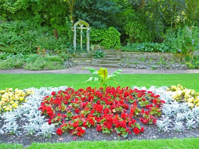 une parterre fleuri en longueur, fleurs rouges, jaunes et vertes, sur une pelouse, idée de génie de jardin esthétique