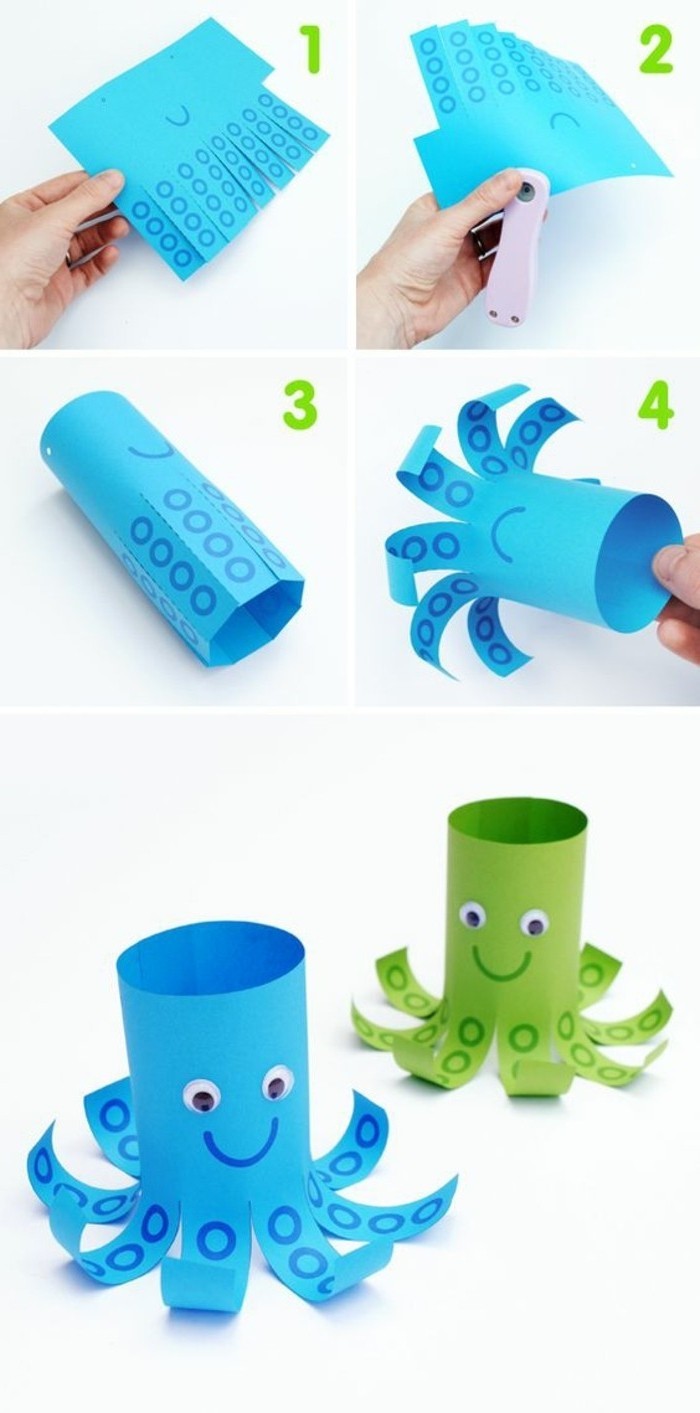 tutoriel pour fabriquer une pieuvre en papier, étape par étape, pieuvre verte et pieuvre bleue, idée activite manuelle facile maternelle enfant