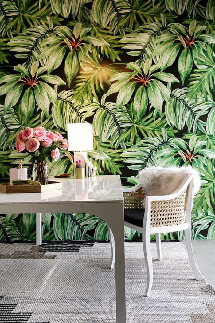intérieur-blanc-papaier-peint-mural-motif-jungle