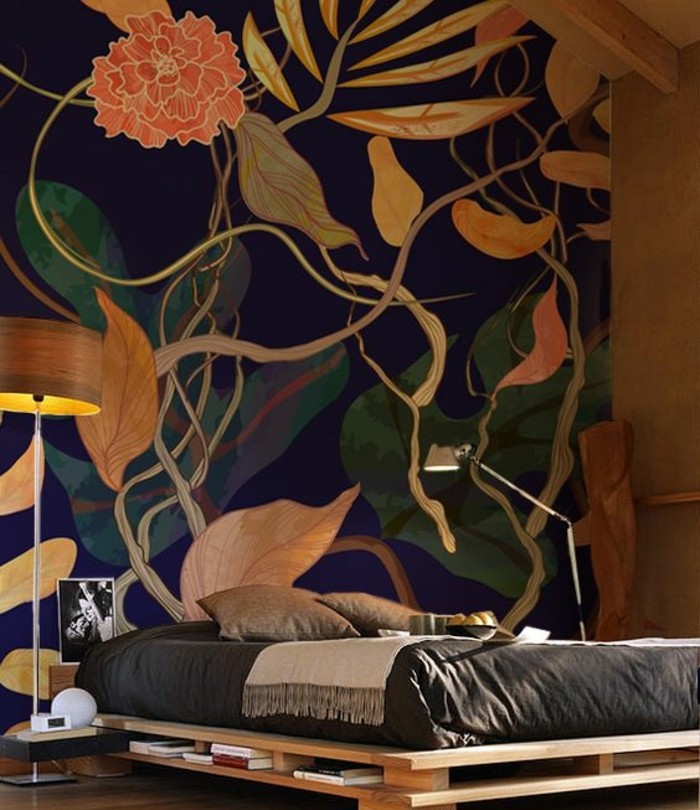 lit-en-palette-chambre-à-coucher-tapisserie-murale-3d-végétation-