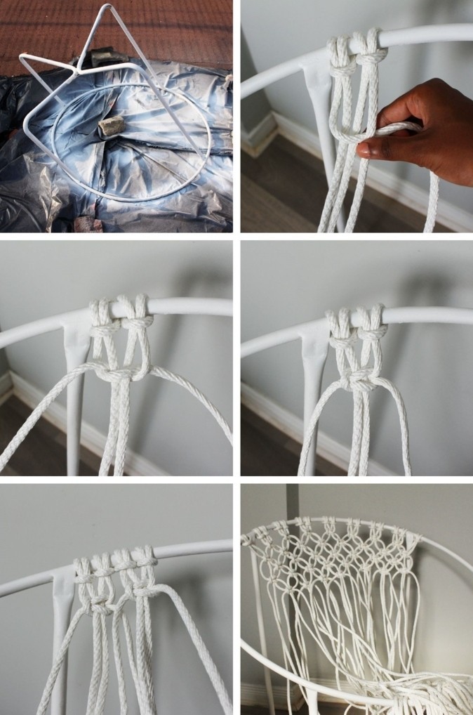 diy macramé, chaise blanche, étapes à suivre, décoration bohème, macramé technique