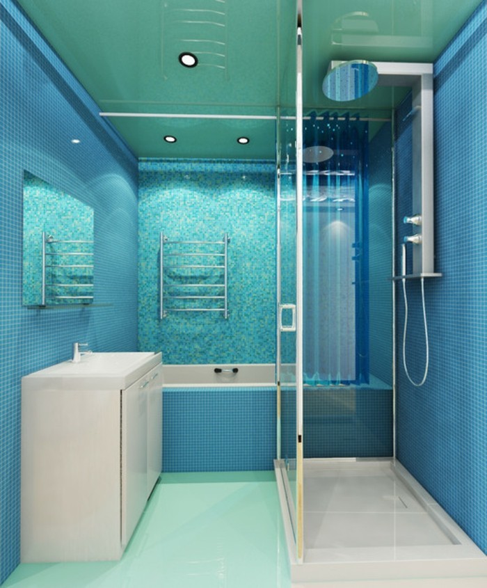 meuble-de-salle-de-bains-turquoise-cabine-de-douche-lavabo-étagère-baignoire