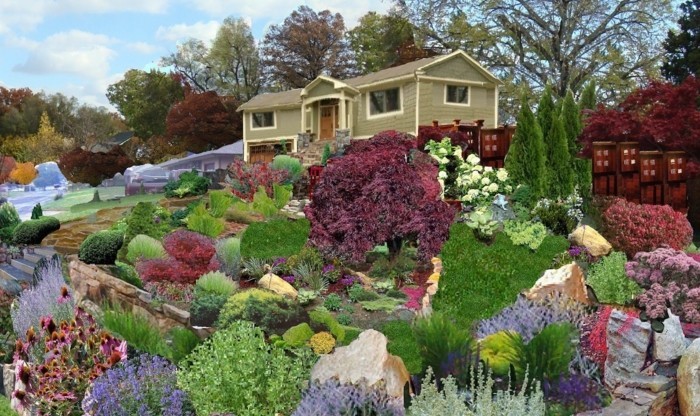 modele-de-jardin-entourant-une-maison-rocaille-fleurie-plusieurs-plantes-différentes-jardin-riche-en-couleurs