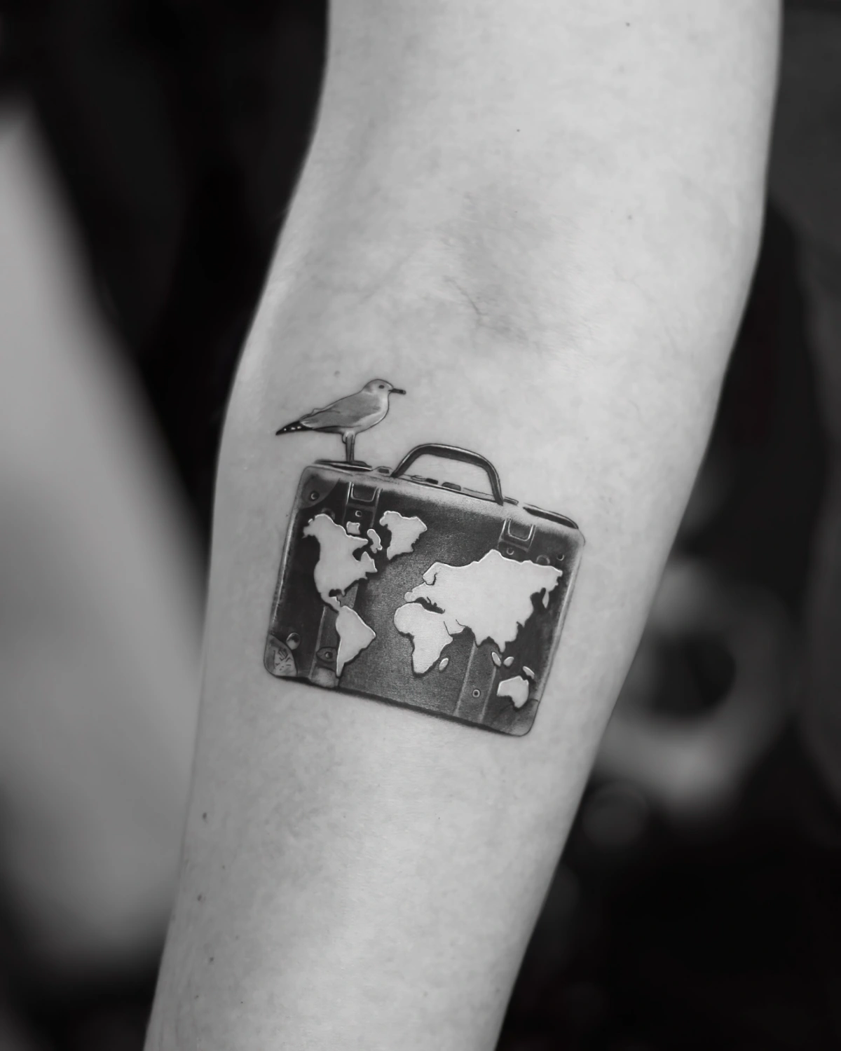 oiseau carte tatouage tour du monde valise dessin bras