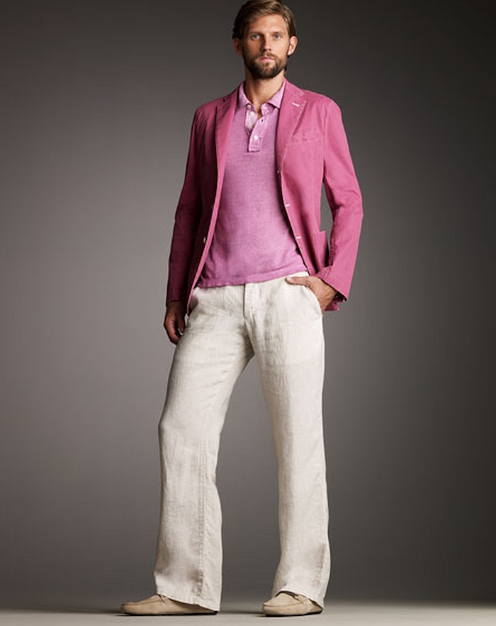 pantalon homme patte d'eph style 70 en lin avec veste coton rose