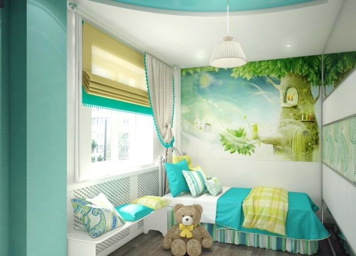 papier peint chambre d'enfant, banc sous la fenêtre, plafond suspendu, murs turquoises