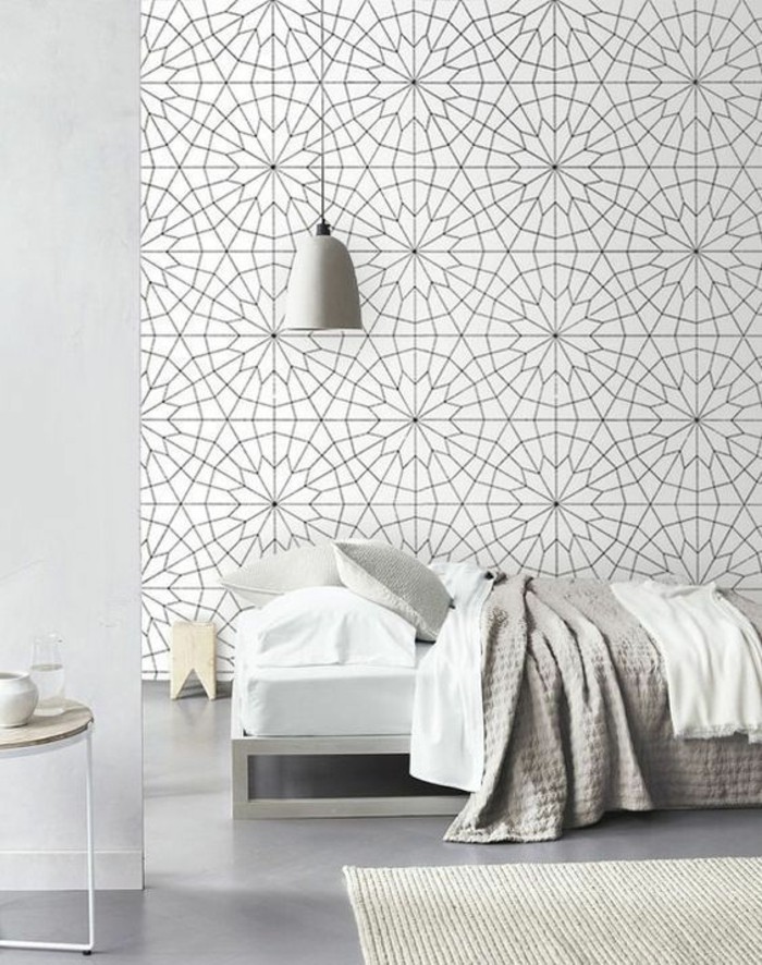 papier-peint-géométrique-chambre-à-coucher-à-moderne-intérieur-blanc