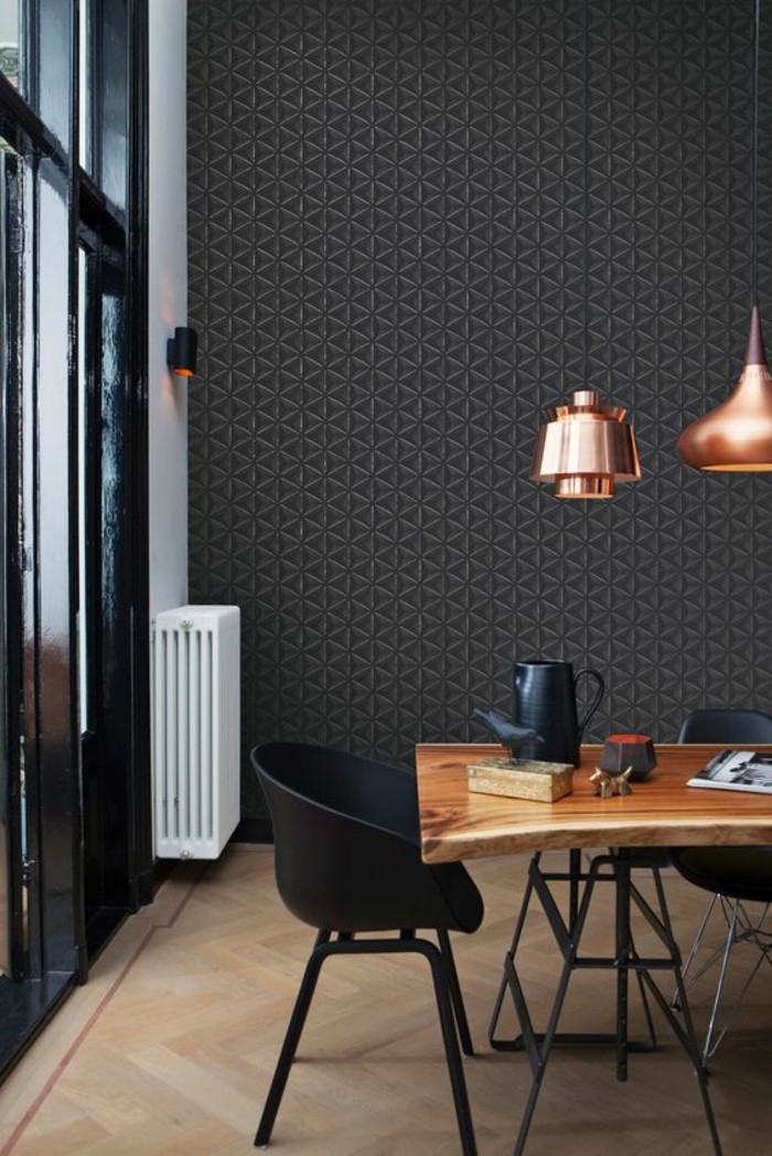 papier-peint-géométrique-intérieur-gris-salle-à-manger-moderne-