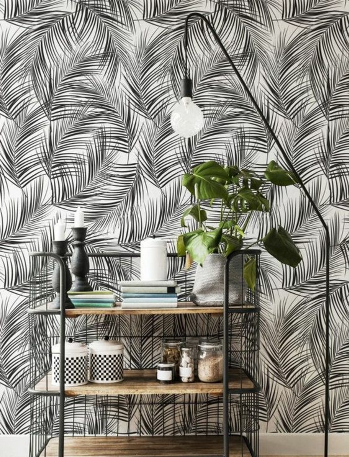 papier-peint-mural-noir-et-blanc-déco-tropicale