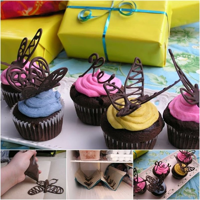 papillons-en-chocolat-pour-decorer-des-cupcakes-idée-comment-faire-un-decor-chocolat-a-l-aide-d-une-poche-à-douille