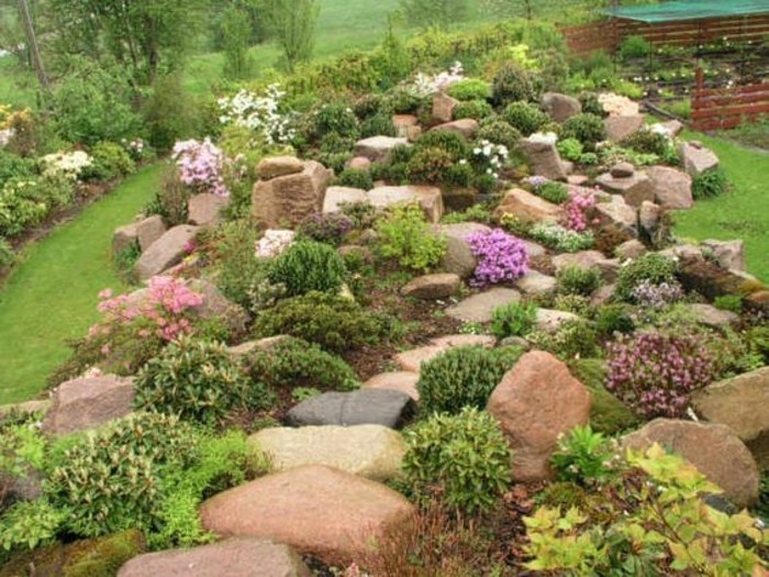 plantes-de-rocaille-fleurs-et-abrustes-verts-idée-comment-faire-une-rocaille-amenagement-coin-alpine-jardin