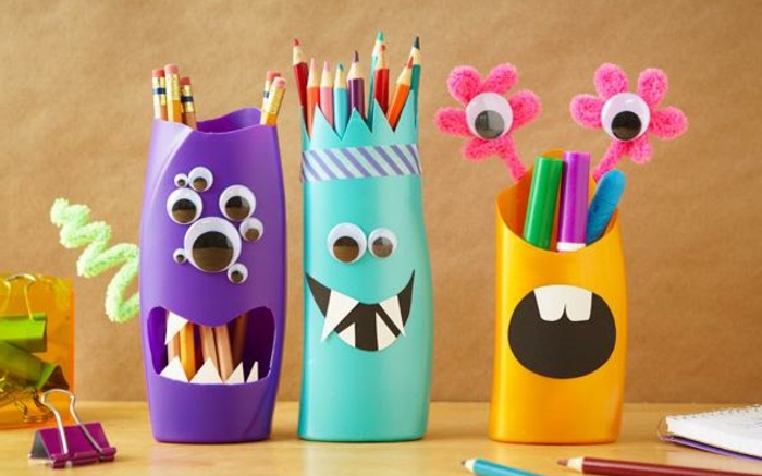 pot-a-crayons-monstres-idée-comment-fabriquer-un-pot-à-crayon-amenagement-bureau-enfant-rangements-colorés