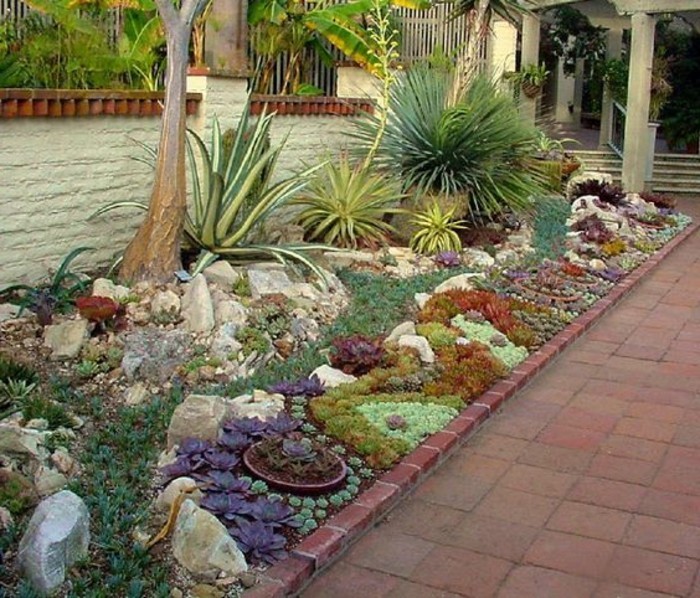 rocaille-fleurie-longeant-une-allée-idée-comment-faire-une-rocaille-de-succulents-de-couleurs-divers-arbustes-et-pierres