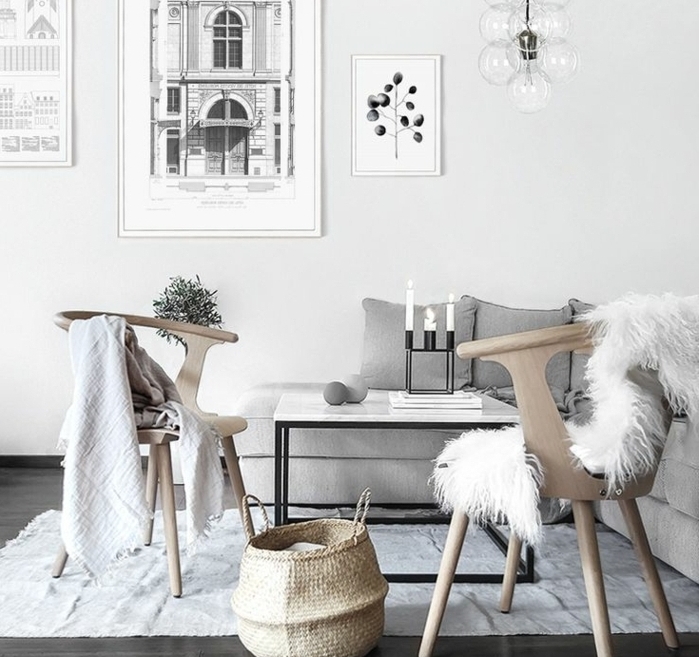 comment décorer son salon, murs blancs, sol gris foncé, peinture blanc et noir, canapé d'angle