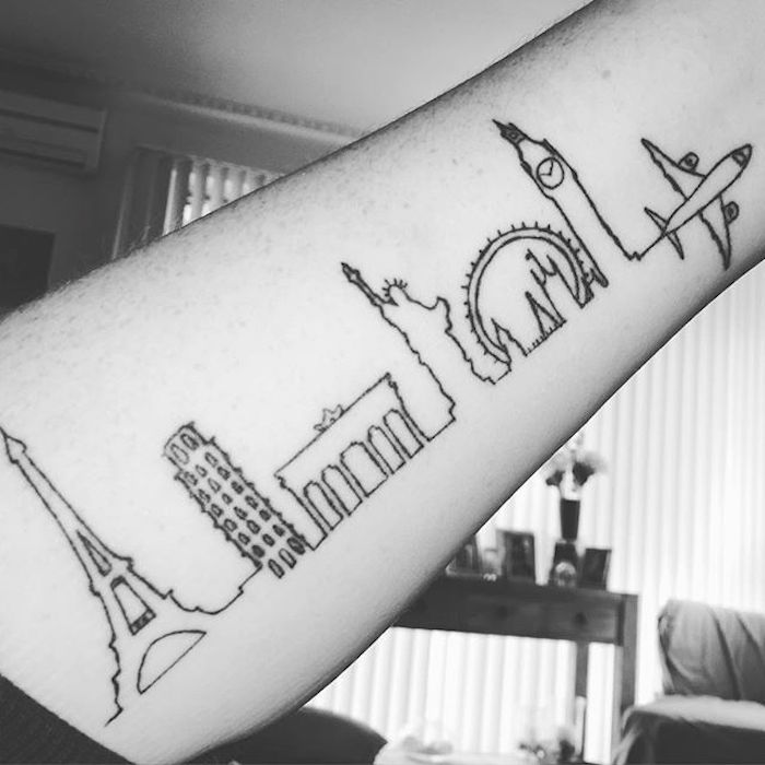 tatouage voyage en ligne d'horizon villes du monde