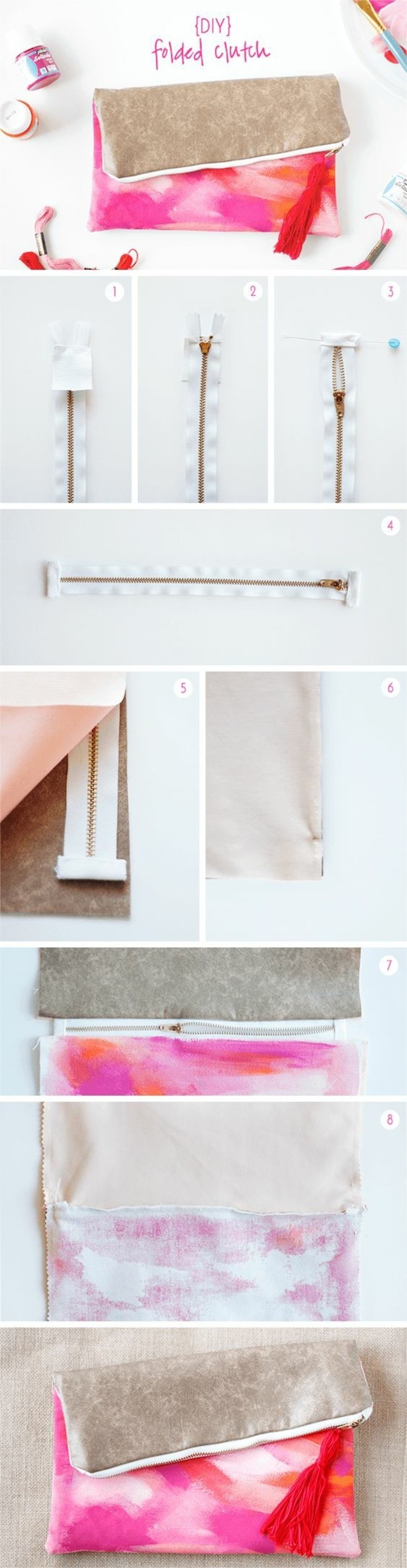 tuto-pochette-blanche-a-motifs-roses-à-faire-soi-meme-étapes-de-la-fabrication-d-un-modele-de-pochette-cousue-avec-une-fermeture-zippée