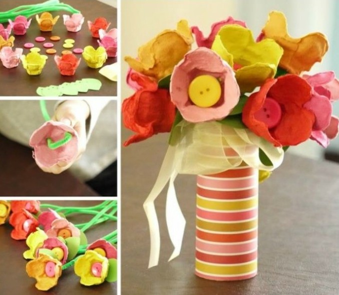 un-bouquet-de-fleurs-composé-d-alvéoles-boite-à-oeuf-multicolores-et-capuchons-bouteilles-idée-diy-decoration-florale-activité-manuelle-printemps