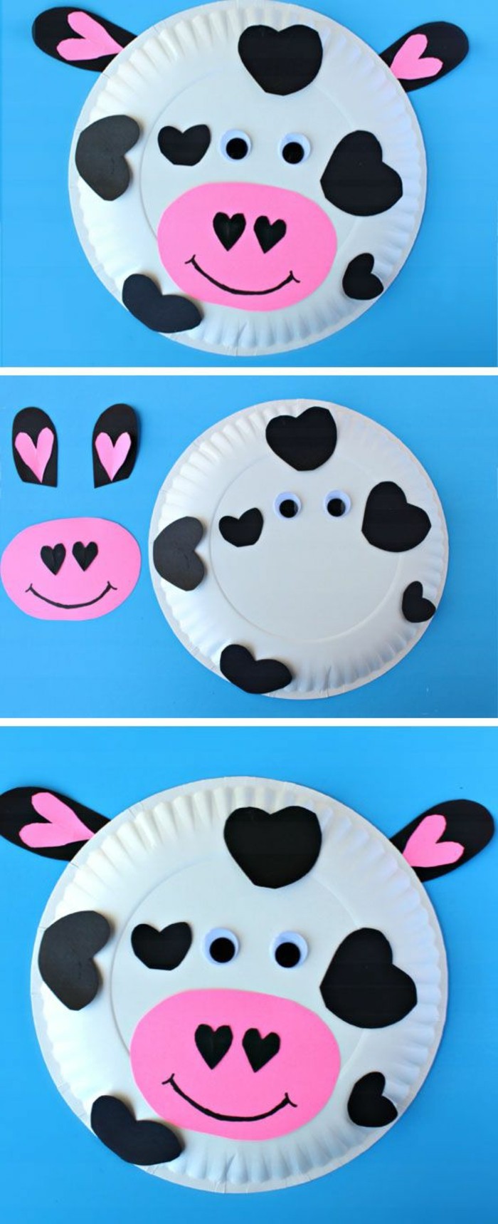 une assiette en papier transformée en vache à taches noires en papier, museau rose en papier, idée activité manuelle maternelle