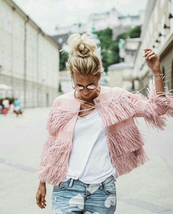 veste femme rose franges style acidulé