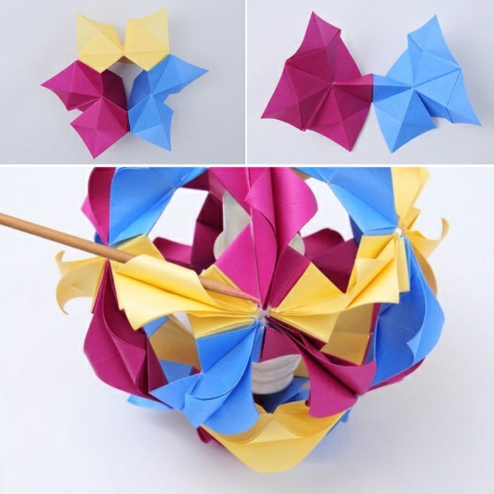 suspension origami, papier multicolore, luminaire fait maison, grande fleur en papier