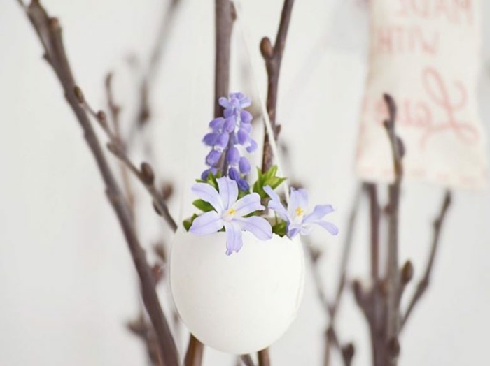 activité manuelle printemps un petit vase rempli de fleurs fraîches accroché à une branche d arbre, coquille oeuf projet deco