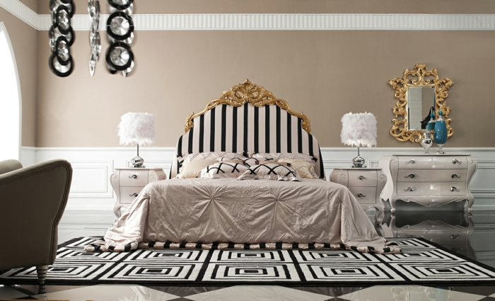 lit baroque, tapis blanc et noir, miroir doré, meubles de charme, fauteuil baroque pas cher, décoration baroque