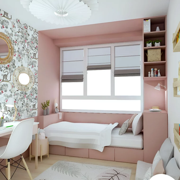 chambre de fille en gris et en rose et un papier peint