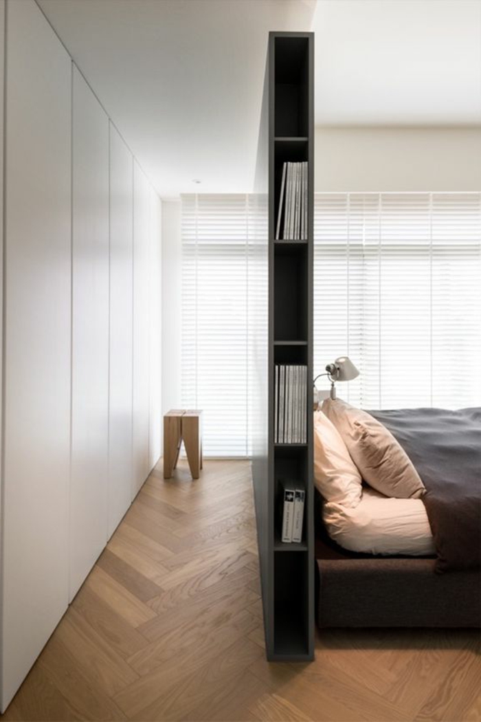 chambre à coucher minimaliste, tête de lit avec rangement, tabouret de bois