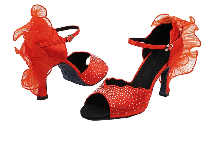 chaussures danses en couleur rouge corail à volants derrière