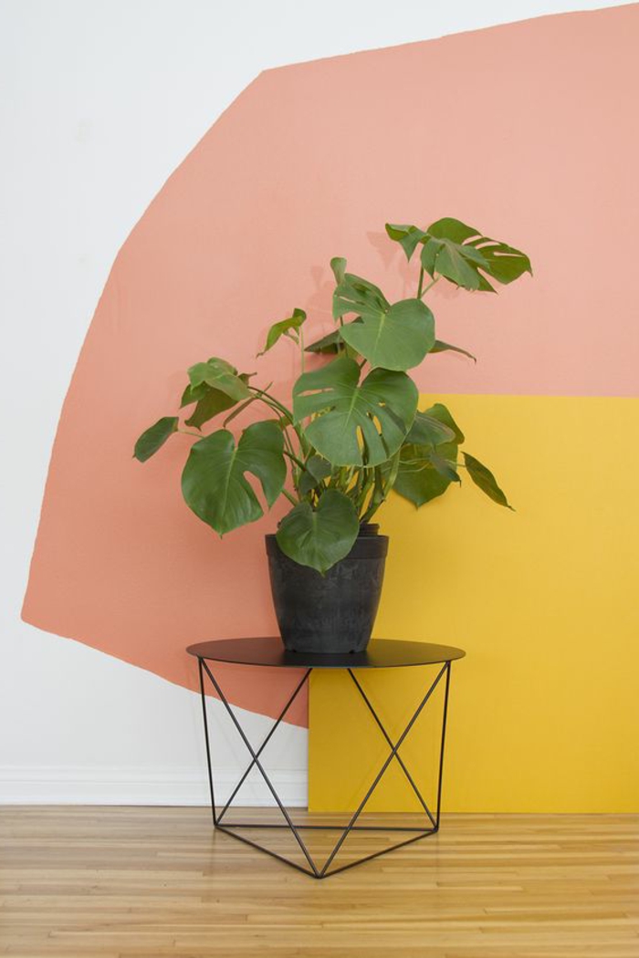 comment peindre un mur en couleurs pastels, petite table basse et pot de fleur avec plante verte 