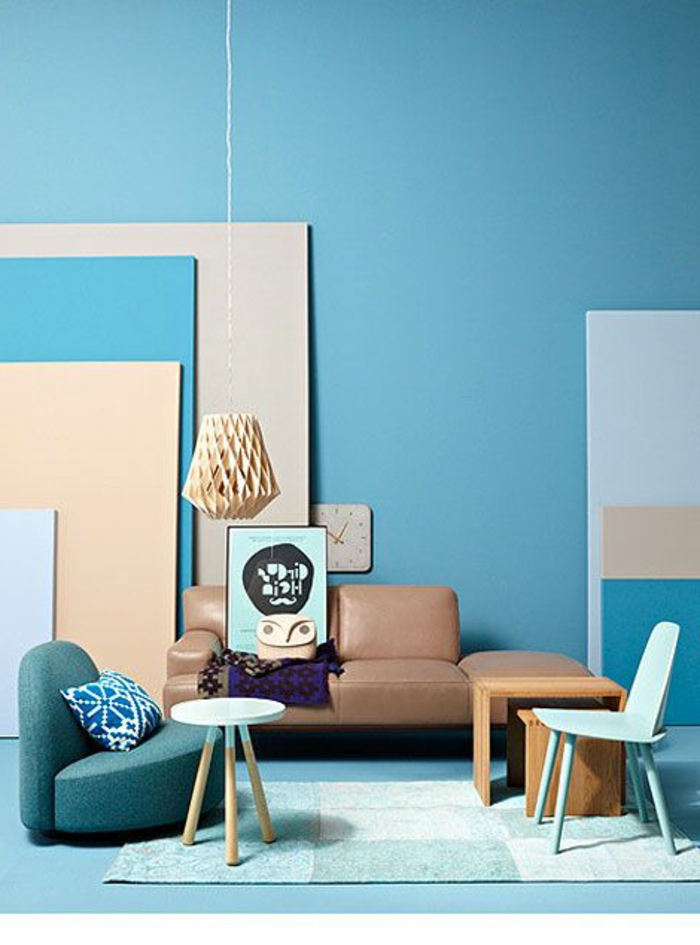 comment peindre un mur, meubles scandinaves en rose pastel, mur bleu et déco en bleu et rose 