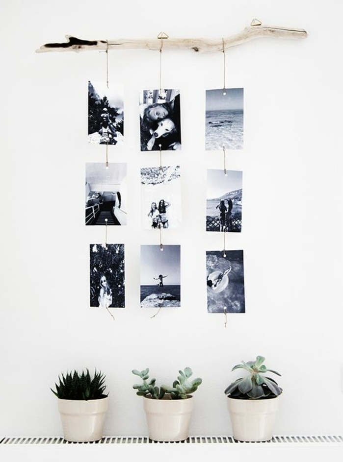 deco en bois florré et photos en noir et blanc suspendues, plantes, mur couleur blanche, DIY déco chambre à faire soi meme