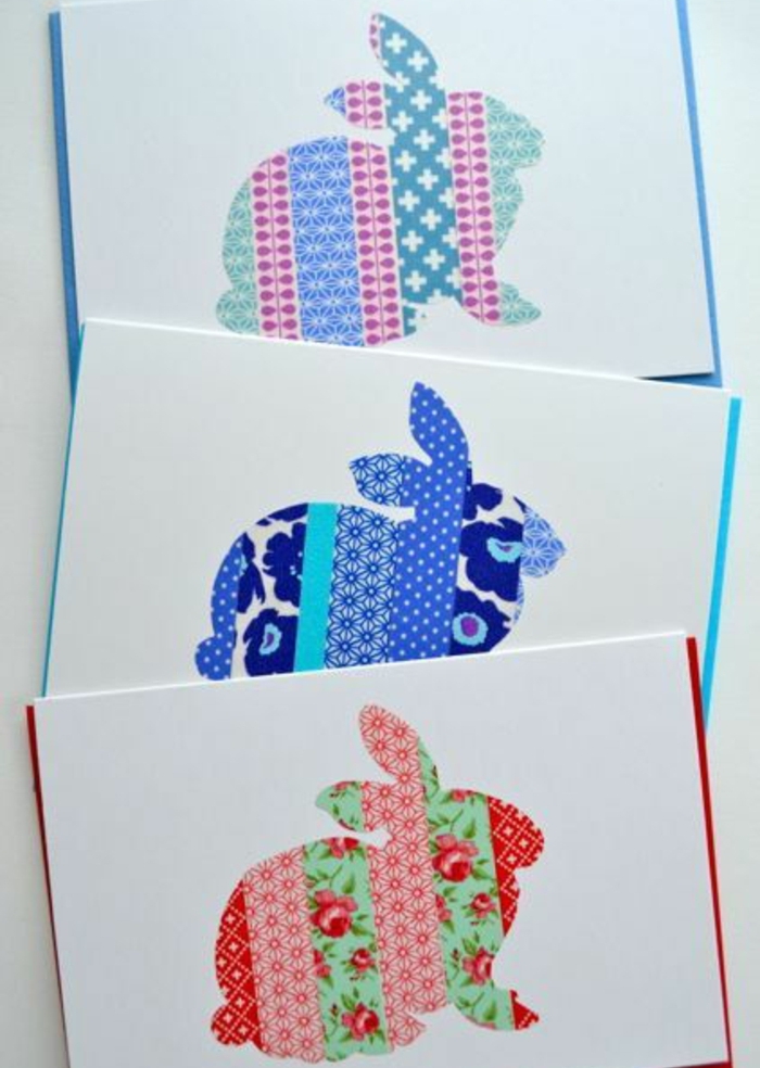 silhouettes de lapin de paques en bandes de masking tape, motifs géométriques et floraux, idée de carte joyeuses paques