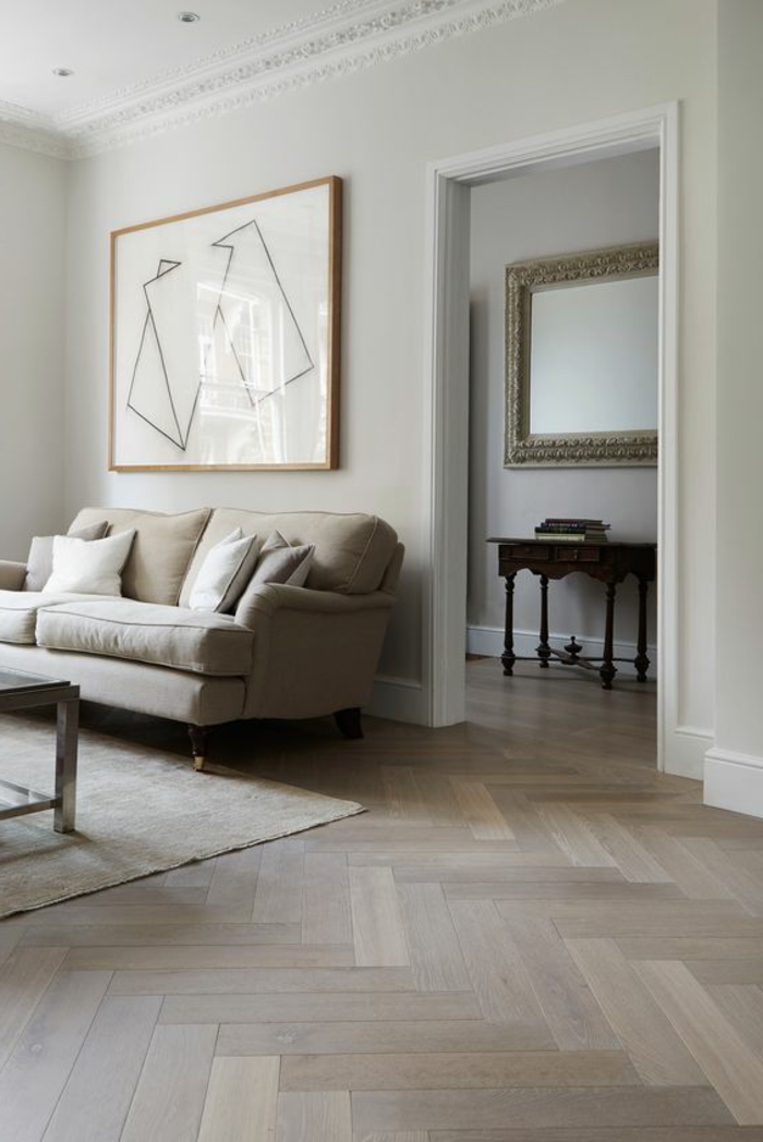 déco minimaliste, sofa confortable, peinture abstraite, sol parqueté 