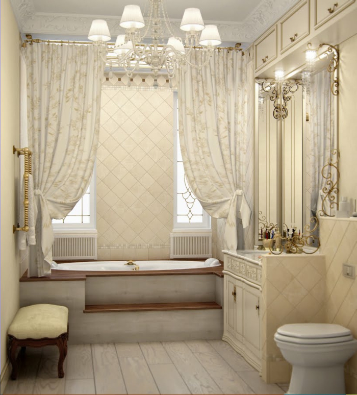 deco baroque, rideaux longs, salle de bain, grand miroir avec décoration dorée