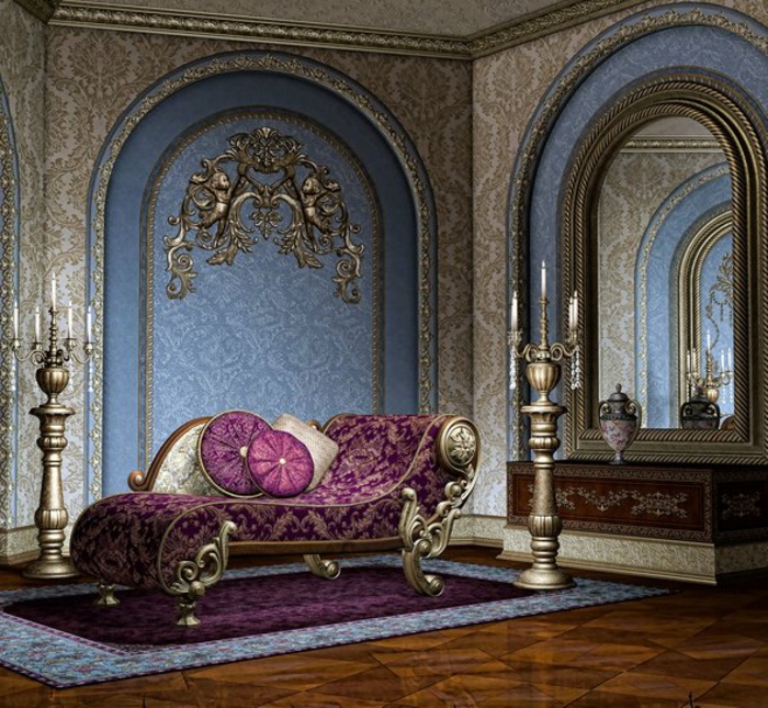mobilier baroque, parquet marron, murs bleus avec déco dorée, grands bougeoirs, grand miroir