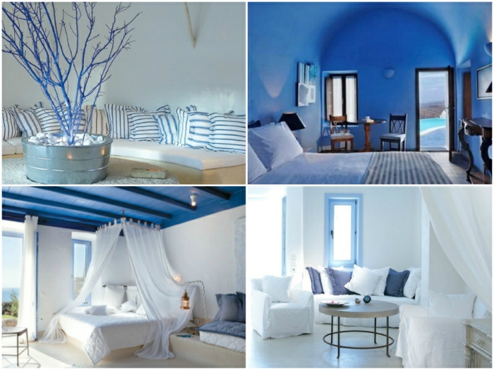 bleu grec sur les murs et le plafond, lit à baldaquin, branchettes séchées, coussins décoratifs