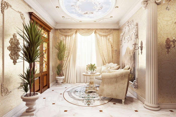 deco baroque, fleurs tropicales, plafond blanc avec déco en plâtre, plancher en marbre, meubles de charme