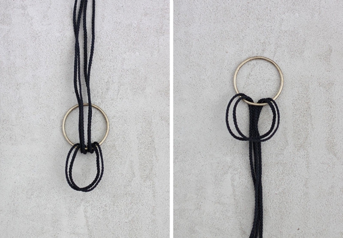 nouer la corde à l anneau pour former un noeud, idée comment faire une etagere suspendue, diy facile, tuto deco