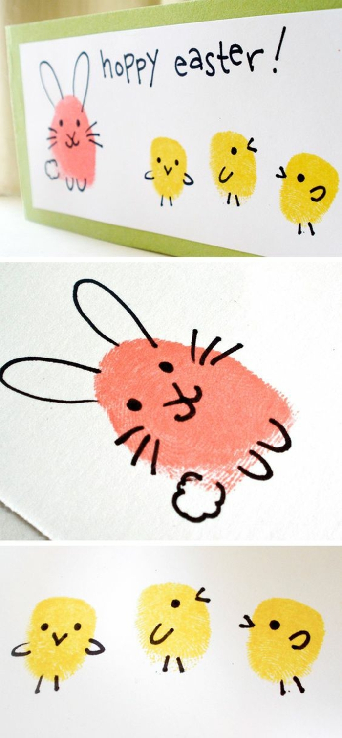 carte joyeuse paques, poussins jaunes, lapin rose dessin enfant, idée activité manuelle paques maternelle, carte verte, fond blanc