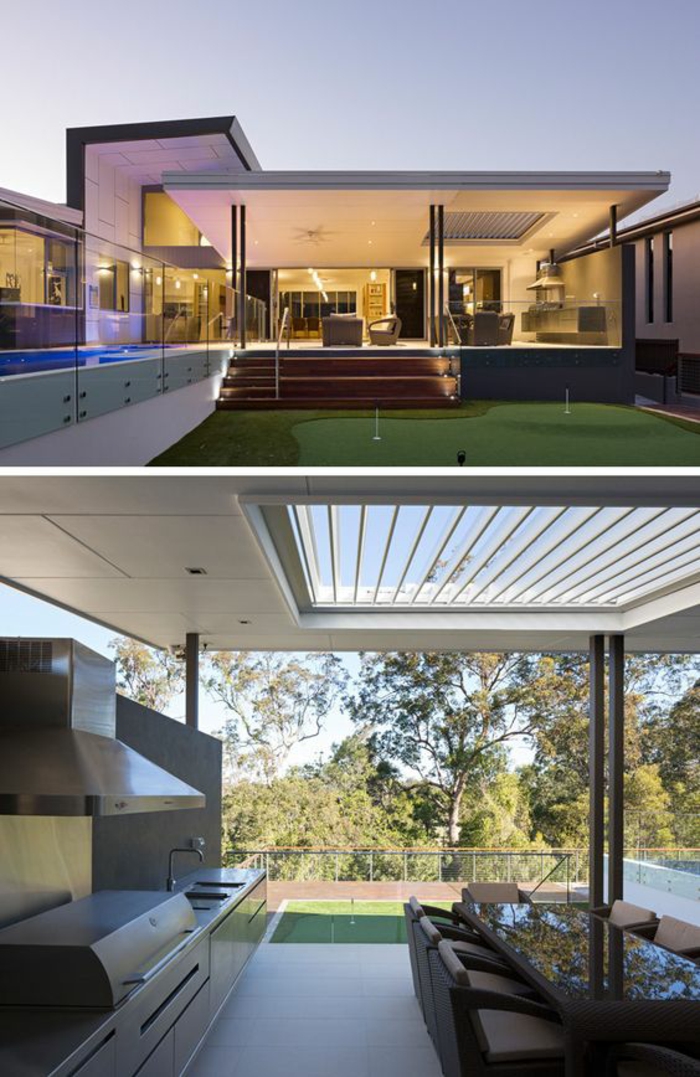 une maison au design contemporain avec espace piscine et une cuisine d'été couverte aux lignes élégantes
