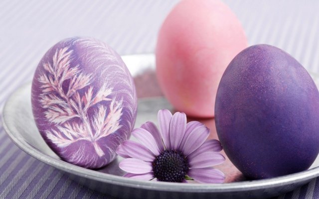 Oeufs de Pâques joliment décorés à l'aide de herbes et peinture violet et rose