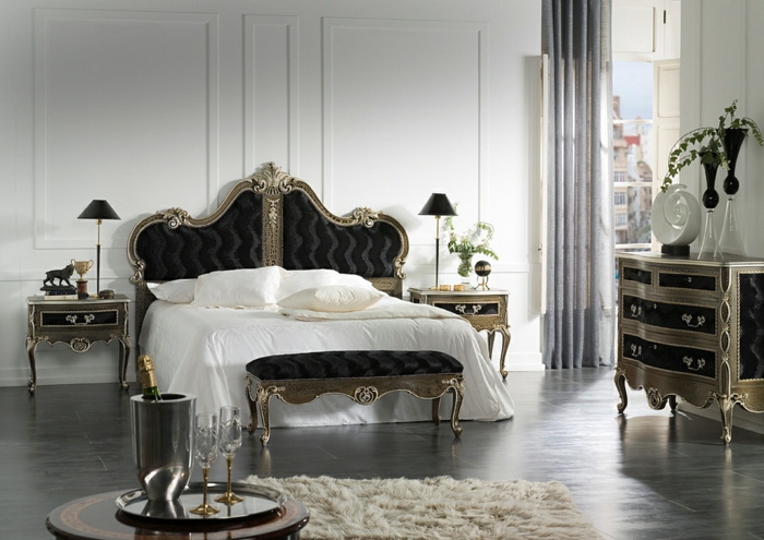 meubles de charme, plancher foncé, tapis moelleux, décoration baroque, murs blancs