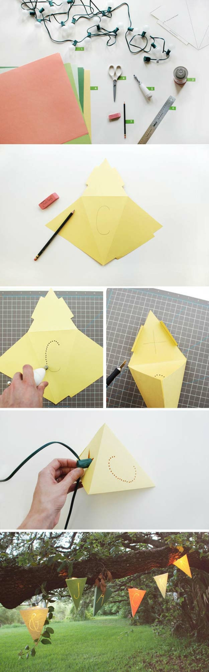 suspension origami, décoration pour une fête, guirlande lumineuse, tuto origami