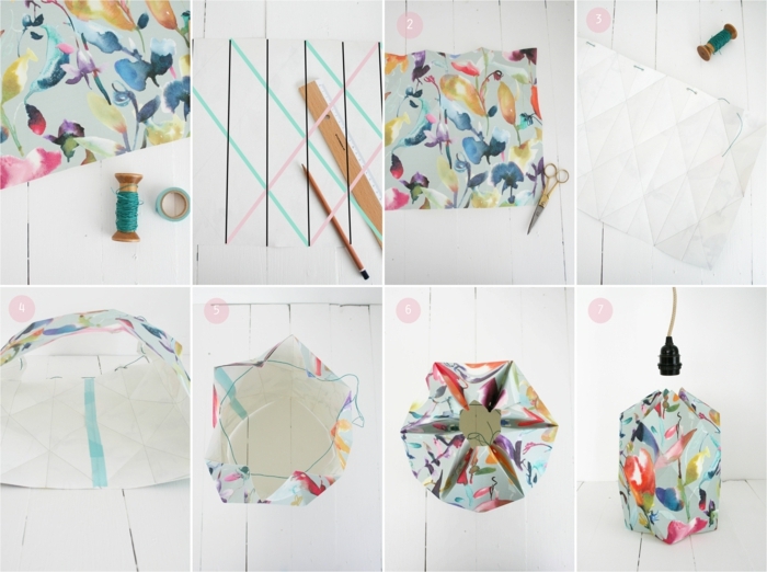 tuto origami, papier peint à motifs floraux, fil turquoise, scotch, règle, crayon, abat jour origami