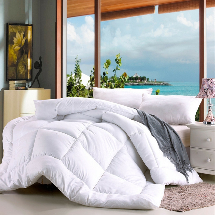 lit douillet, couverture de lit blanche, grande fenêtre, lampe de chevet rose