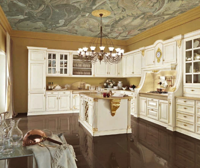 décoration baroque, îlot centrale, plafond avec déco putti, cuisine blanche