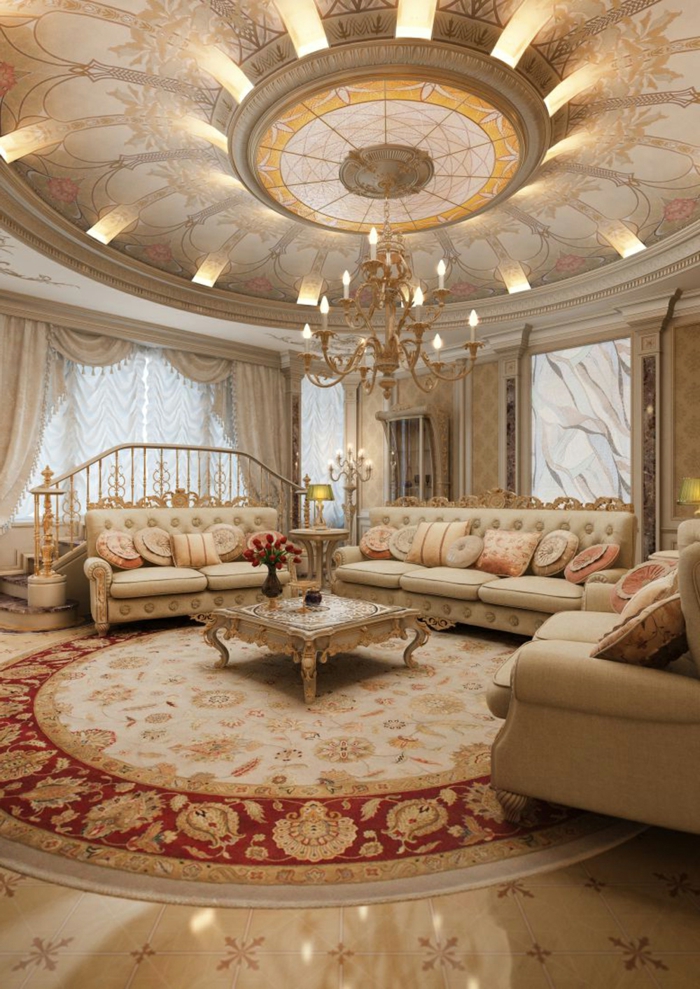 deco baroque, plafond avec décoration en or, tapis rond, plancher en marbre